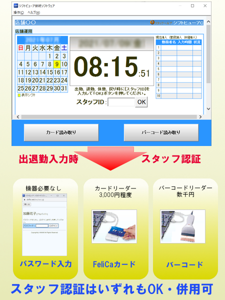 スタッフ認証はFeliCaやバーコード、WEB入力を併用できます